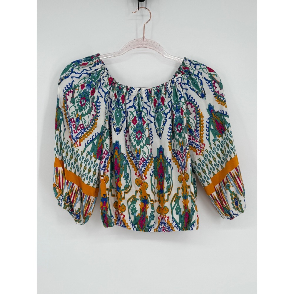 Christian Sirano Womens Colorful Print Off Shoulder 3/4 Sleeve Blouse Boho Sz XS